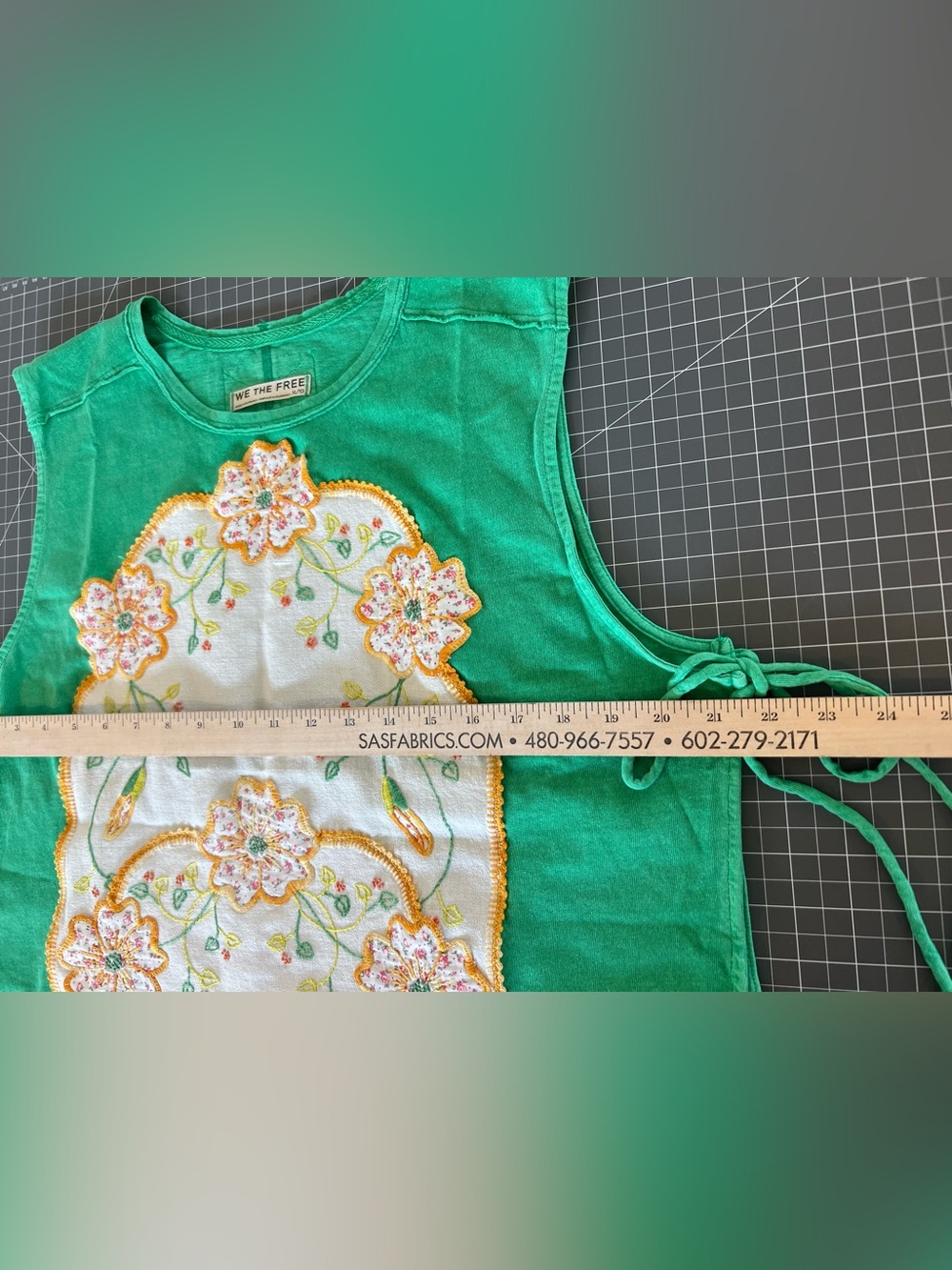 Free People Upcycled Green Tank Top with Cream Floral Embroidered Panel - Picture 3 of 6